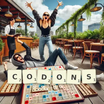Creative illustration for a Scrabble game with the word CODONS spelled out in tiles on the board.