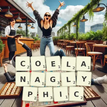 Creative illustration for a Scrabble game with the word COELANAGLYPHIC spelled out in tiles on the board.