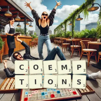 Creative illustration for a Scrabble game with the word COEMPTIONS spelled out in tiles on the board.