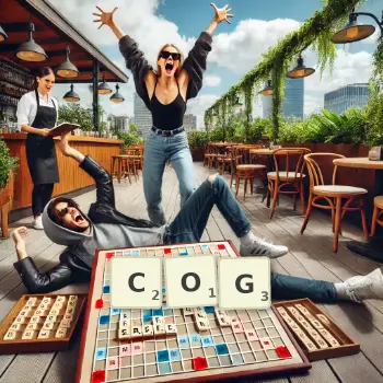 Creative illustration for a Scrabble game with the word COG spelled out in tiles on the board.