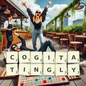 Creative illustration for a Scrabble game with the word COGITATINGLY spelled out in tiles on the board.