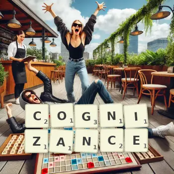Creative illustration for a Scrabble game with the word COGNIZANCE spelled out in tiles on the board.
