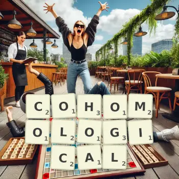 Creative illustration for a Scrabble game with the word COHOMOLOGICAL spelled out in tiles on the board.