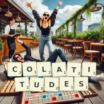 Creative illustration for a Scrabble game with the word COLATITUDES spelled out in tiles on the board.