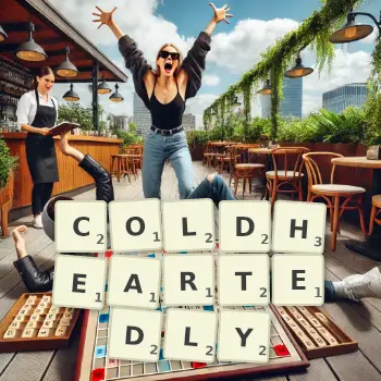 Creative illustration for a Scrabble game with the word COLDHEARTEDLY spelled out in tiles on the board.