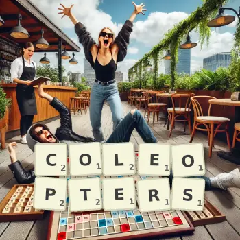 Creative illustration for a Scrabble game with the word COLEOPTERS spelled out in tiles on the board.