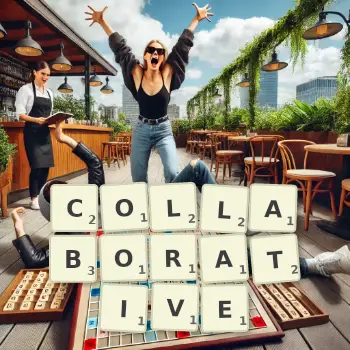 Creative illustration for a Scrabble game with the word COLLABORATIVE spelled out in tiles on the board.