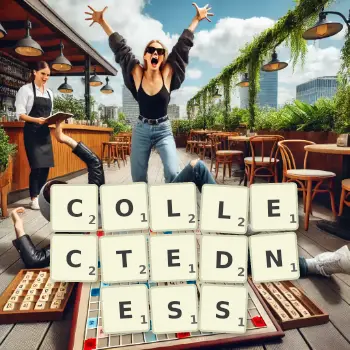 Creative illustration for a Scrabble game with the word COLLECTEDNESS spelled out in tiles on the board.