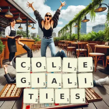 Creative illustration for a Scrabble game with the word COLLEGIALITIES spelled out in tiles on the board.