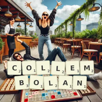Creative illustration for a Scrabble game with the word COLLEMBOLAN spelled out in tiles on the board.