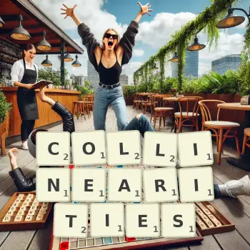 Creative illustration for a Scrabble game with the word COLLINEARITIES spelled out in tiles on the board.