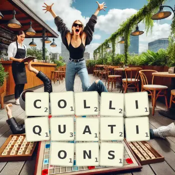 Creative illustration for a Scrabble game with the word COLLIQUATIONS spelled out in tiles on the board.