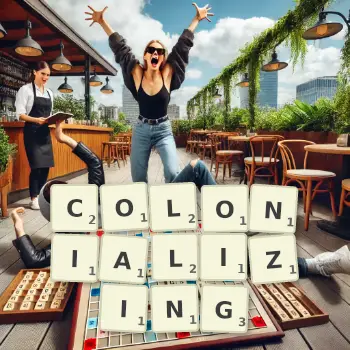 Creative illustration for a Scrabble game with the word COLONIALIZING spelled out in tiles on the board.