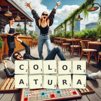 Creative illustration for a Scrabble game with the word COLORATURA spelled out in tiles on the board.