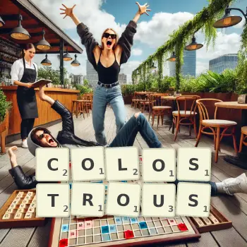 Creative illustration for a Scrabble game with the word COLOSTROUS spelled out in tiles on the board.