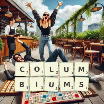 Creative illustration for a Scrabble game with the word COLUMBIUMS spelled out in tiles on the board.