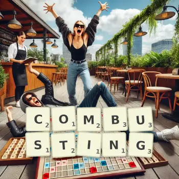 Creative illustration for a Scrabble game with the word COMBUSTING spelled out in tiles on the board.