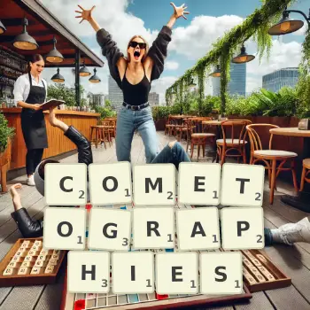Creative illustration for a Scrabble game with the word COMETOGRAPHIES spelled out in tiles on the board.