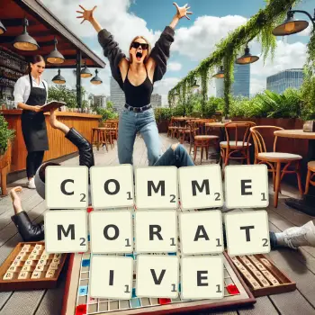 Creative illustration for a Scrabble game with the word COMMEMORATIVE spelled out in tiles on the board.