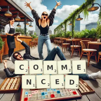 Creative illustration for a Scrabble game with the word COMMENCED spelled out in tiles on the board.