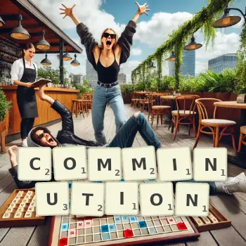 Creative illustration for a Scrabble game with the word COMMINUTION spelled out in tiles on the board.