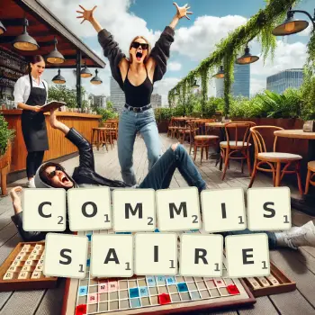 Creative illustration for a Scrabble game with the word COMMISSAIRE spelled out in tiles on the board.