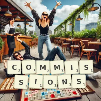 Creative illustration for a Scrabble game with the word COMMISSIONS spelled out in tiles on the board.