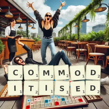Creative illustration for a Scrabble game with the word COMMODITISED spelled out in tiles on the board.