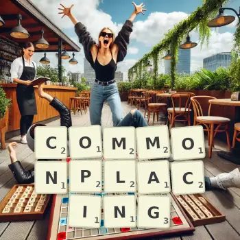 Creative illustration for a Scrabble game with the word COMMONPLACING spelled out in tiles on the board.