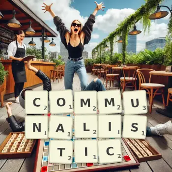 Creative illustration for a Scrabble game with the word COMMUNALISTIC spelled out in tiles on the board.