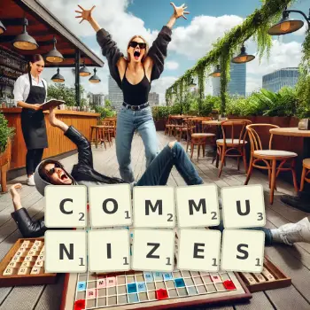 Creative illustration for a Scrabble game with the word COMMUNIZES spelled out in tiles on the board.