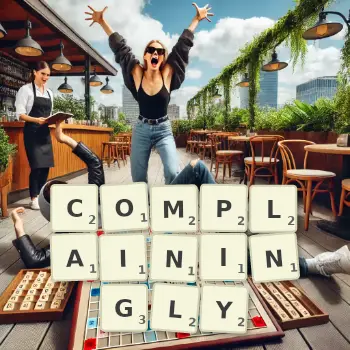 Creative illustration for a Scrabble game with the word COMPLAININGLY spelled out in tiles on the board.