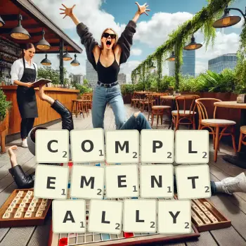 Creative illustration for a Scrabble game with the word COMPLEMENTALLY spelled out in tiles on the board.