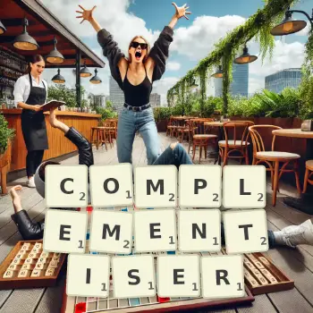 Creative illustration for a Scrabble game with the word COMPLEMENTISER spelled out in tiles on the board.