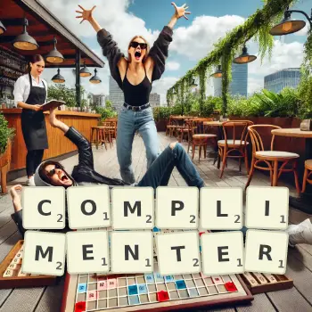 Creative illustration for a Scrabble game with the word COMPLIMENTER spelled out in tiles on the board.