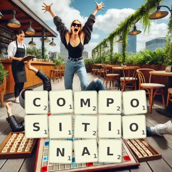 Creative illustration for a Scrabble game with the word COMPOSITIONAL spelled out in tiles on the board.