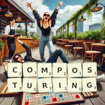 Creative illustration for a Scrabble game with the word COMPOSTURING spelled out in tiles on the board.