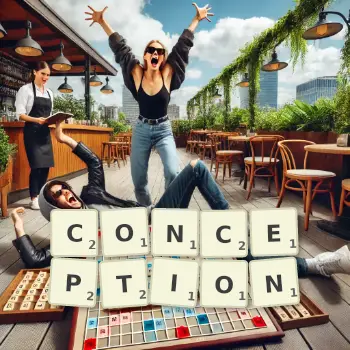 Creative illustration for a Scrabble game with the word CONCEPTION spelled out in tiles on the board.