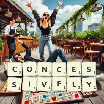 Creative illustration for a Scrabble game with the word CONCESSIVELY spelled out in tiles on the board.