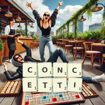 Creative illustration for a Scrabble game with the word CONCETTI spelled out in tiles on the board.