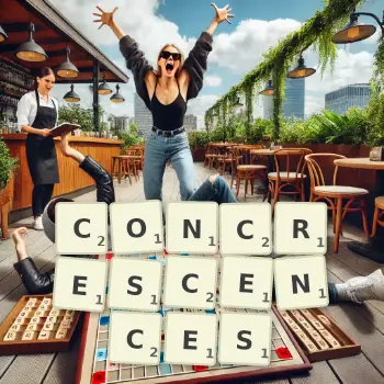 Creative illustration for a Scrabble game with the word CONCRESCENCES spelled out in tiles on the board.