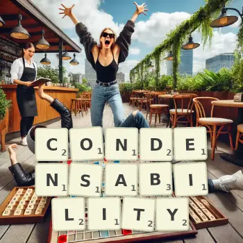Creative illustration for a Scrabble game with the word CONDENSABILITY spelled out in tiles on the board.