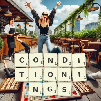 Creative illustration for a Scrabble game with the word CONDITIONINGS spelled out in tiles on the board.