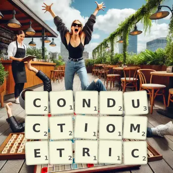 Creative illustration for a Scrabble game with the word CONDUCTIOMETRIC spelled out in tiles on the board.