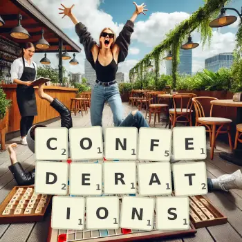 Creative illustration for a Scrabble game with the word CONFEDERATIONS spelled out in tiles on the board.