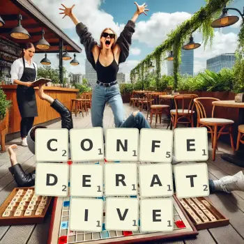 Creative illustration for a Scrabble game with the word CONFEDERATIVE spelled out in tiles on the board.