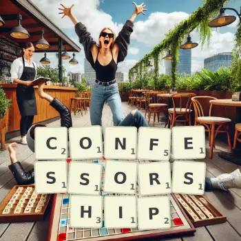 Creative illustration for a Scrabble game with the word CONFESSORSHIP spelled out in tiles on the board.