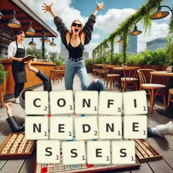 Creative illustration for a Scrabble game with the word CONFINEDNESSES spelled out in tiles on the board.