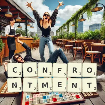 Creative illustration for a Scrabble game with the word CONFRONTMENT spelled out in tiles on the board.