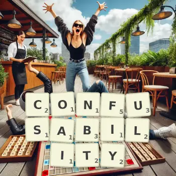 Creative illustration for a Scrabble game with the word CONFUSABILITY spelled out in tiles on the board.